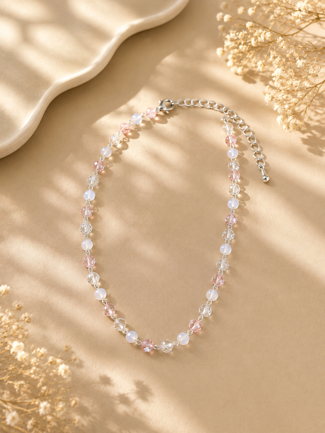 Delicate Pink & White Beaded Anklet