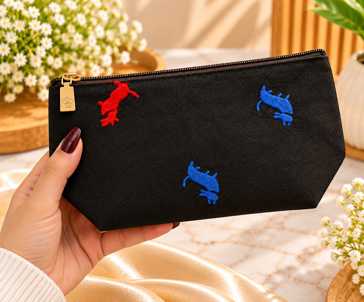 Black Floral Embroidered Makeup Pouch