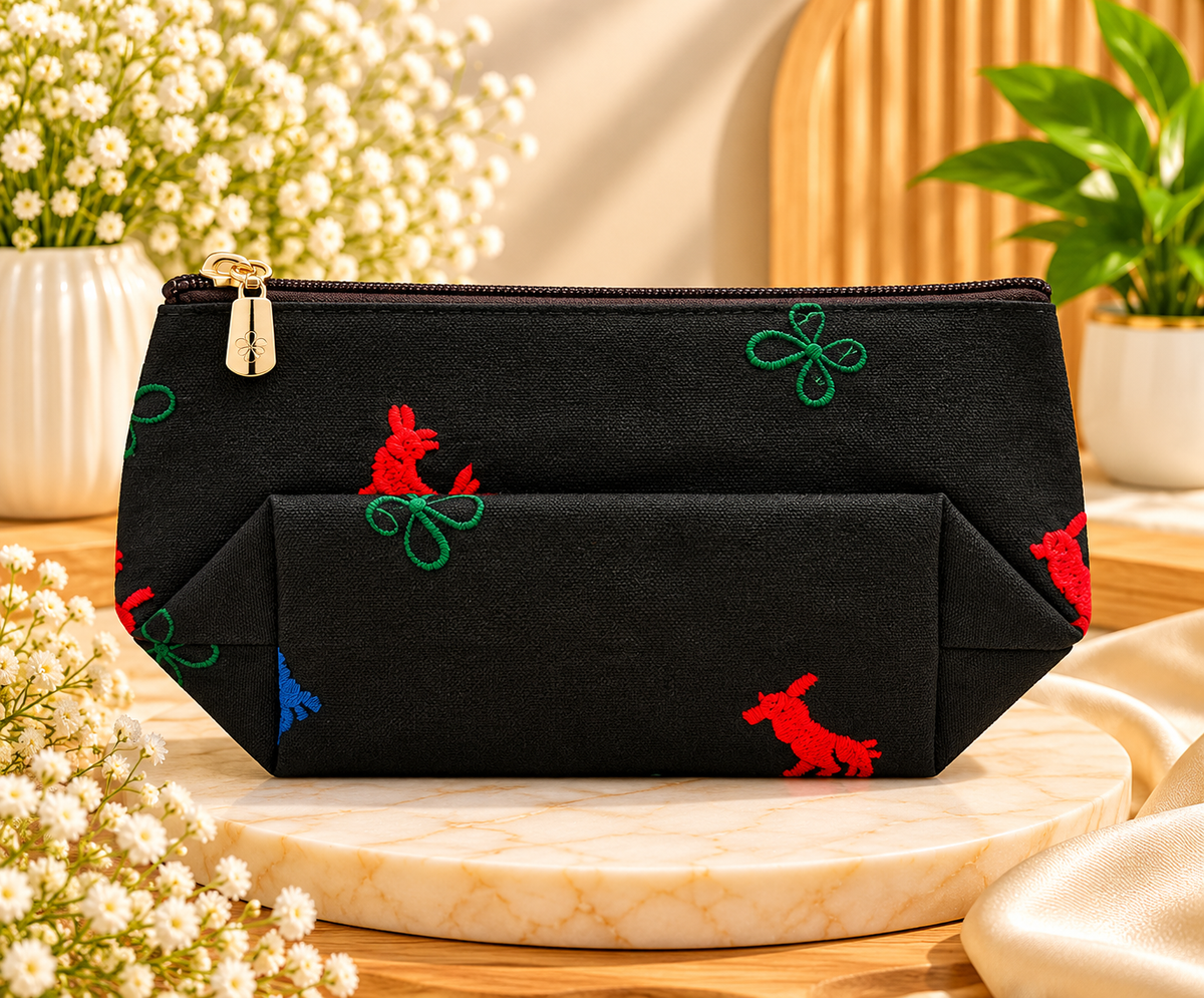 Black Floral Embroidered Makeup Pouch