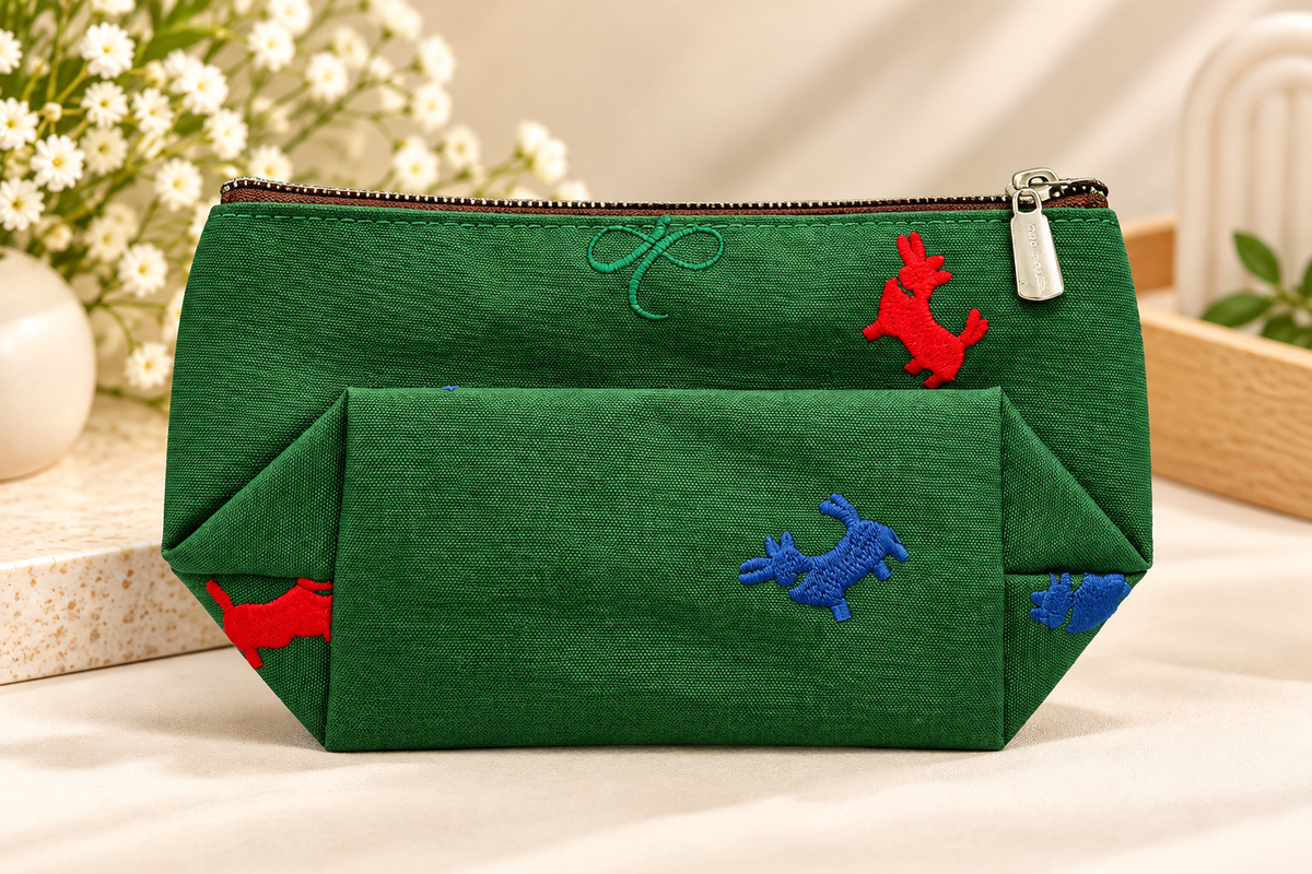 Green Embroidered Makeup Pouch