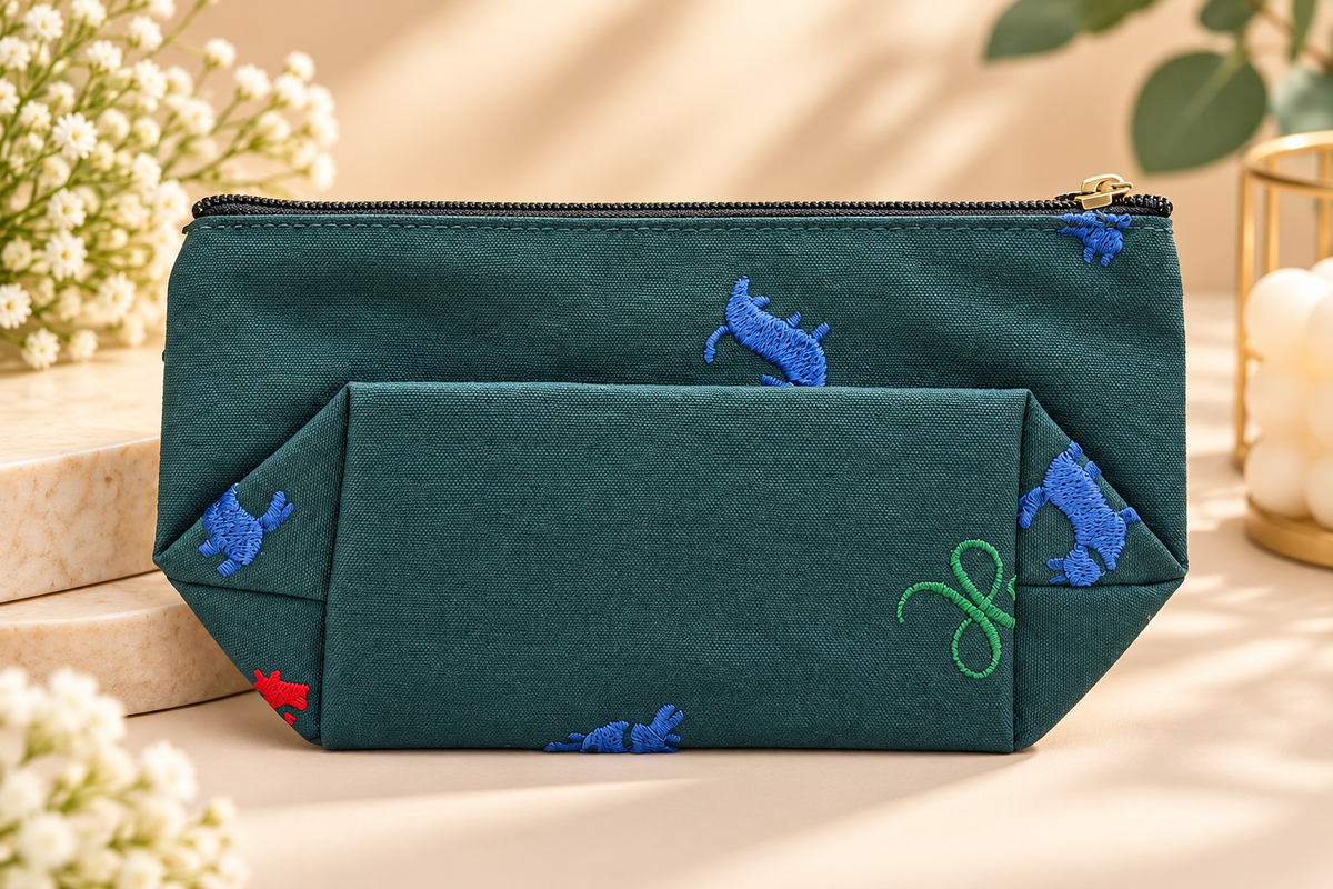 Teal Blue Embroidered Makeup Pouch