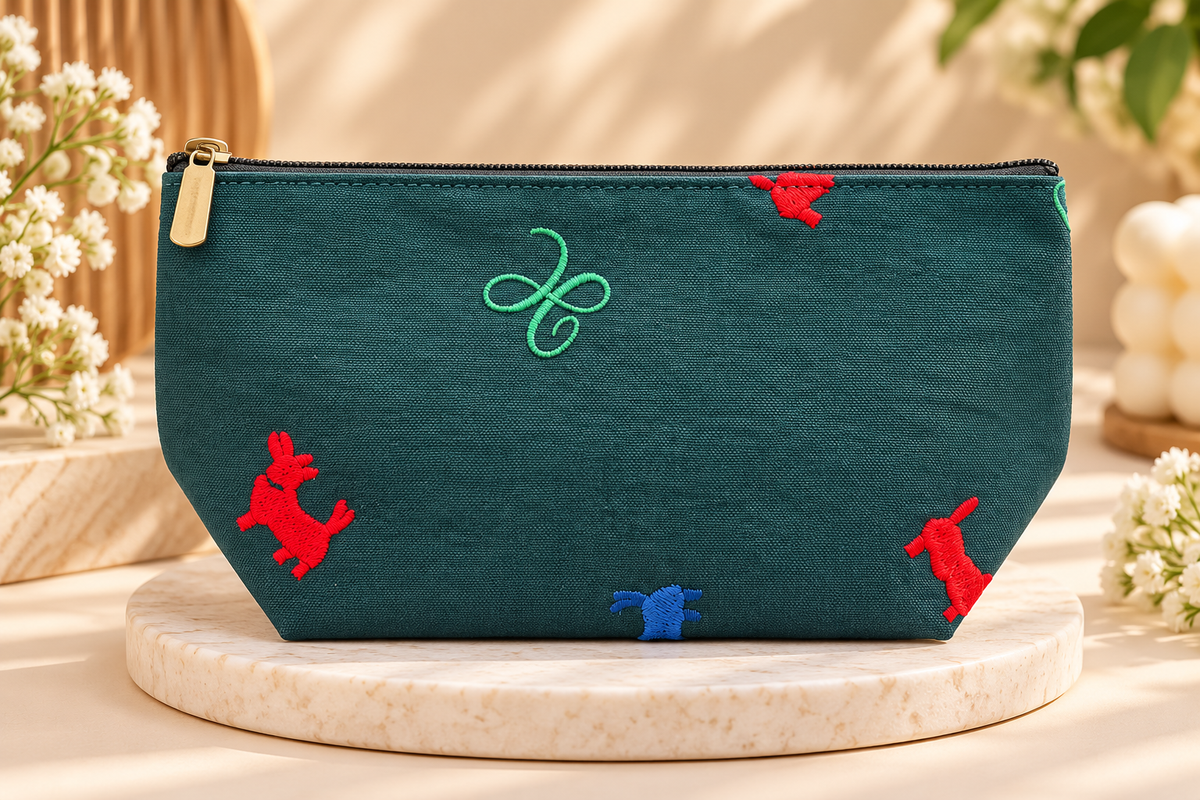 Teal Blue Embroidered Makeup Pouch