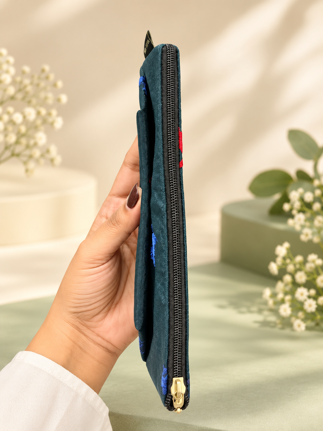 Teal Blue Embroidered Makeup Pouch