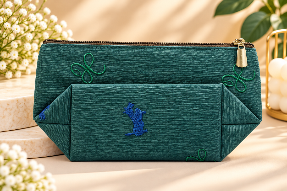 Teal Green Embroidered Makeup Pouch