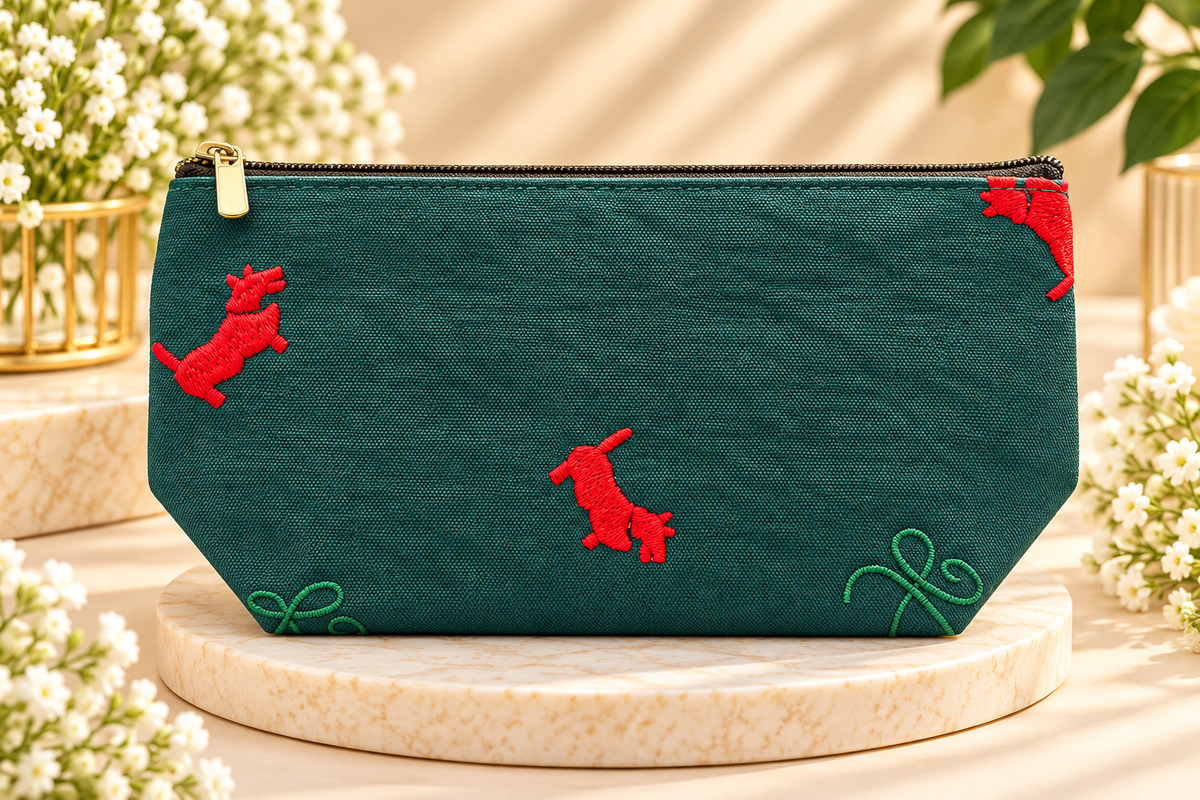 Teal Green Embroidered Makeup Pouch