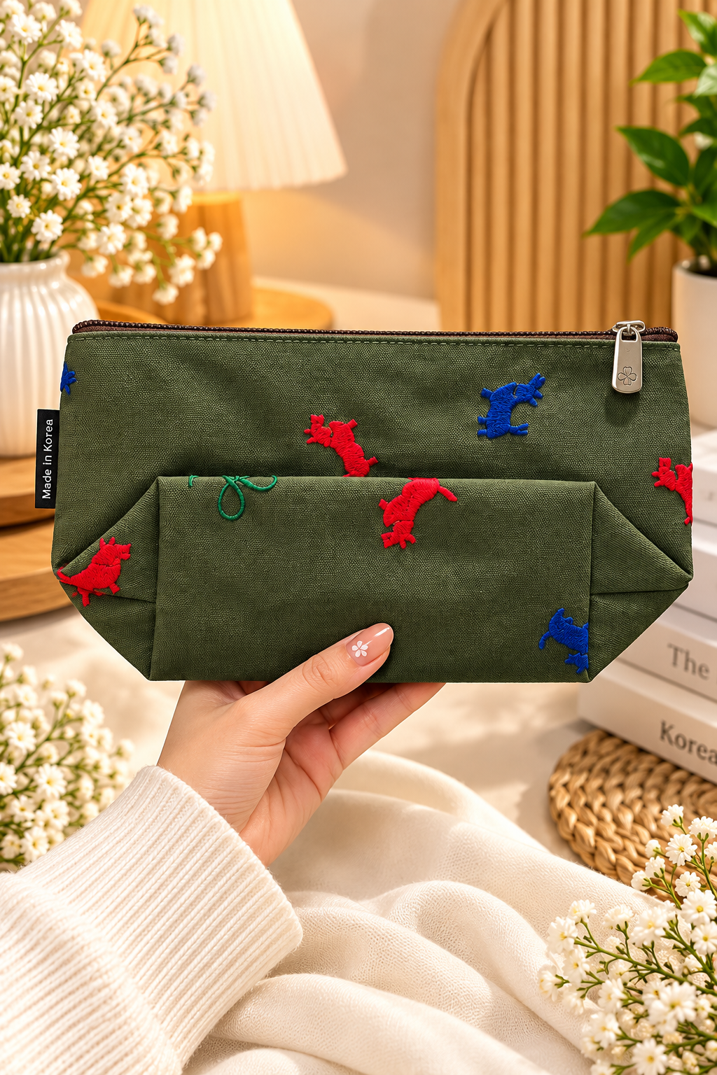 Olive Green Embroidered Makeup Pouch