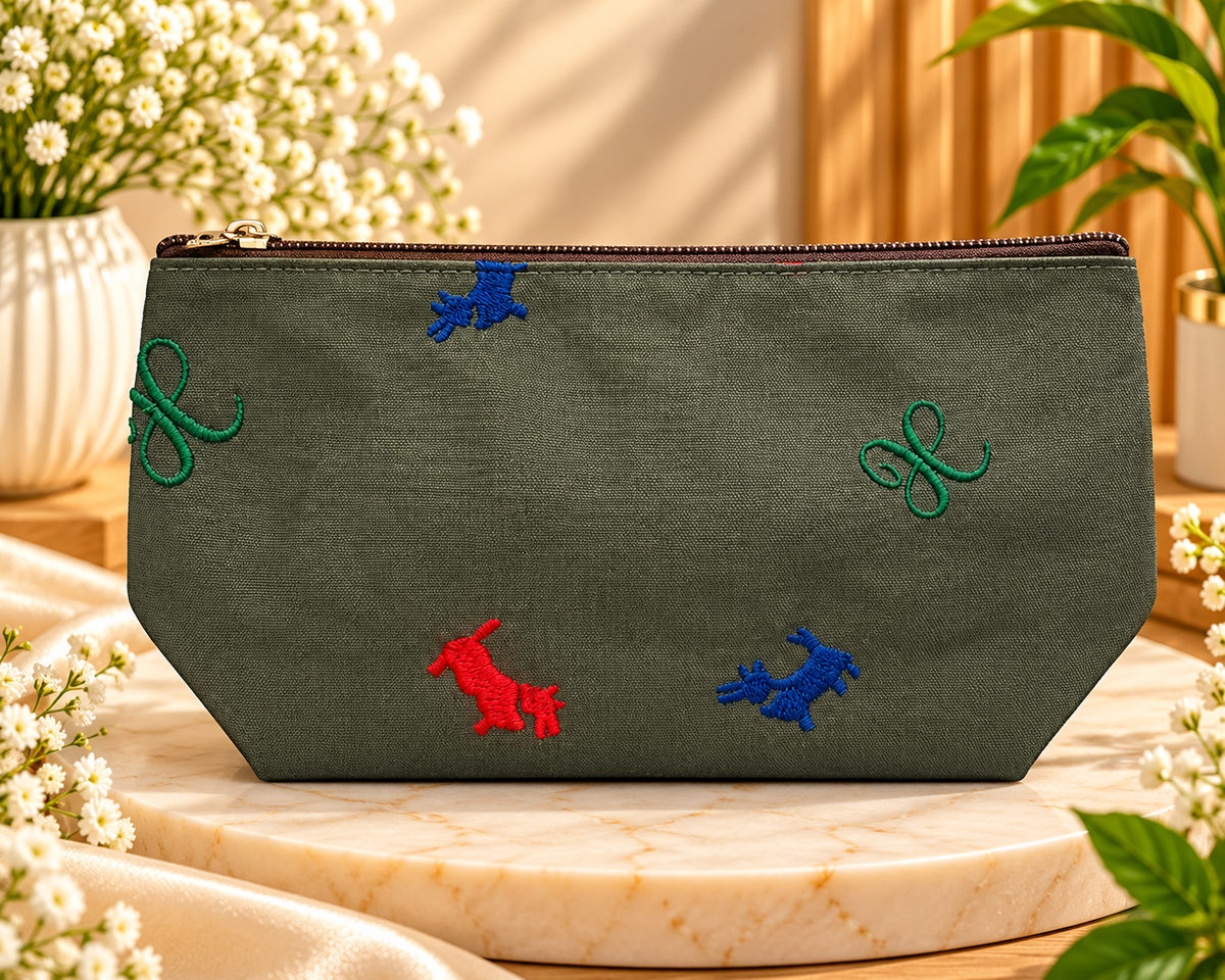 Olive Green Embroidered Makeup Pouch