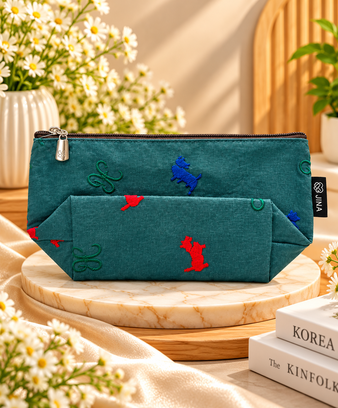 Teal Green Embroidered Makeup Pouch