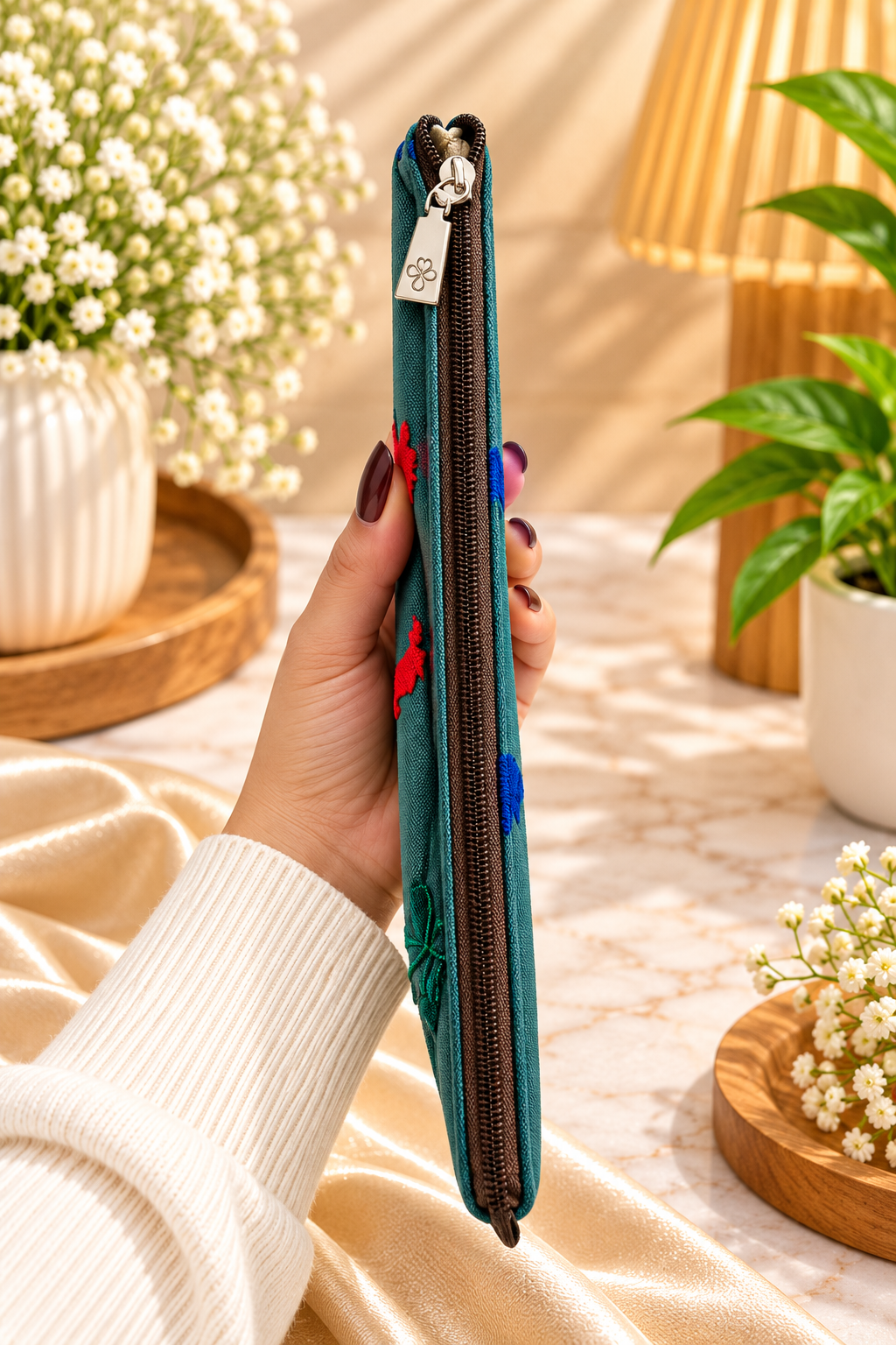Teal Green Embroidered Makeup Pouch