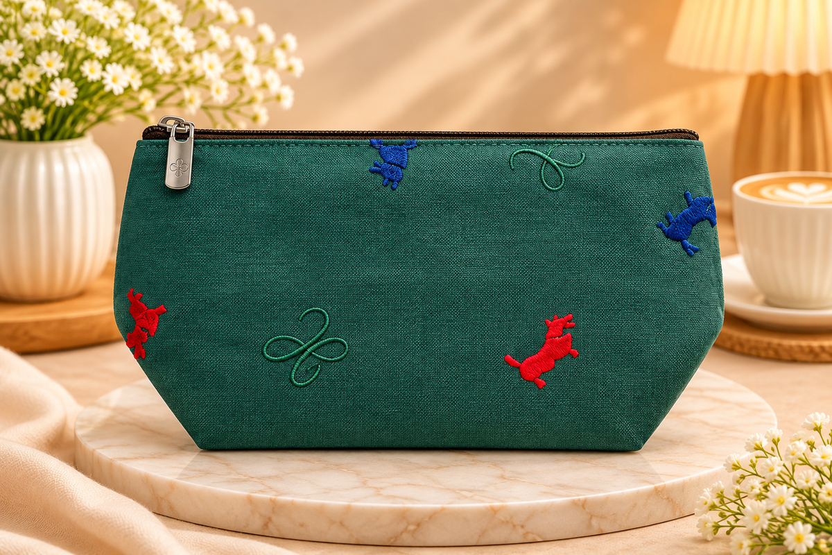 Teal Green Embroidered Makeup Pouch