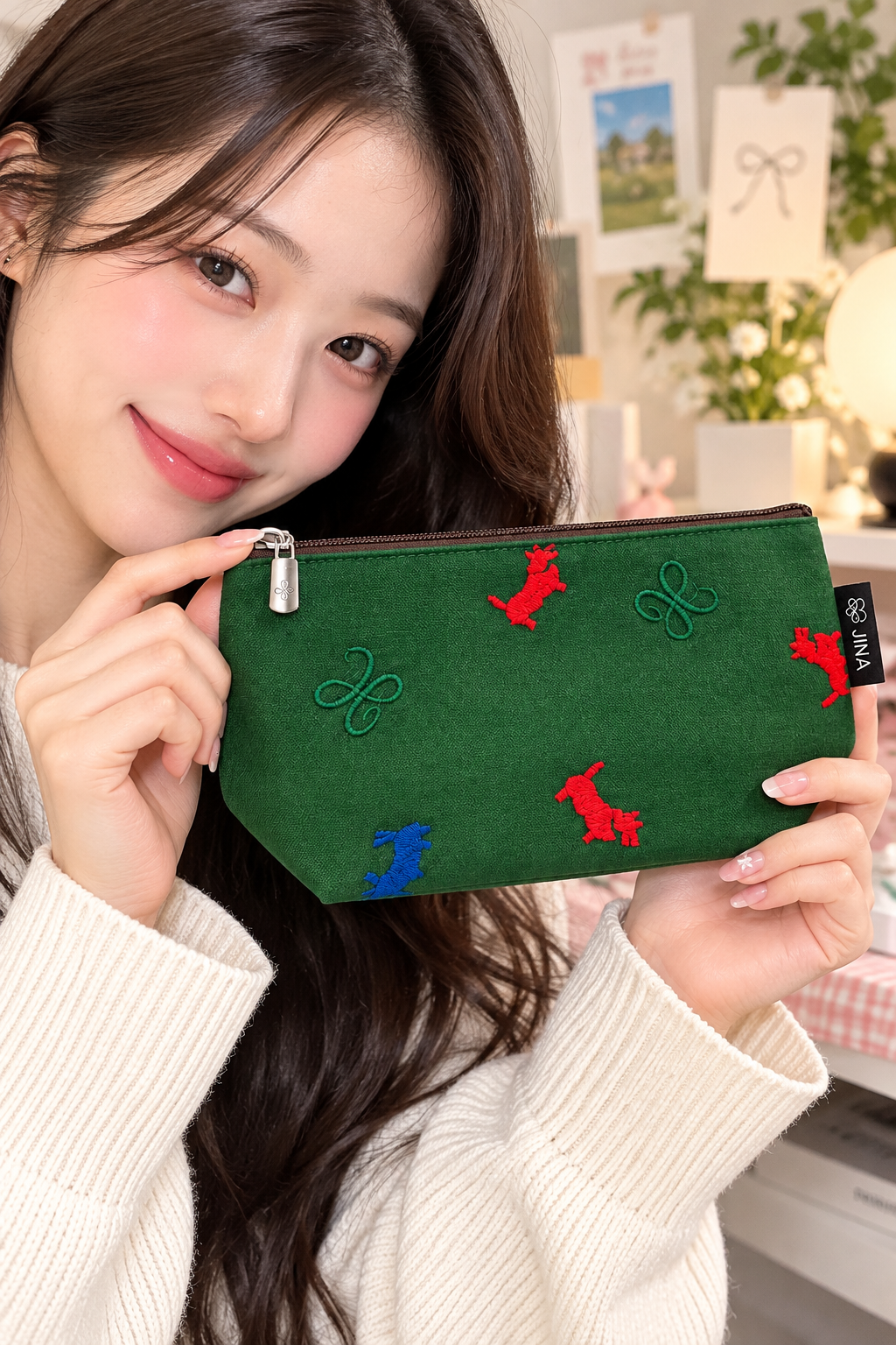 Green Embroidered Makeup Pouch