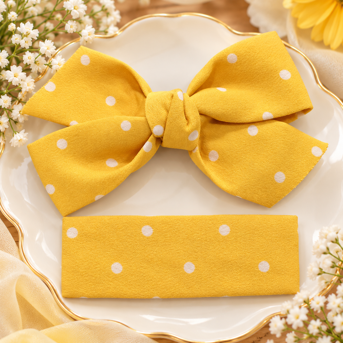 Yellow Polka Dot Bow Hair Pin Set