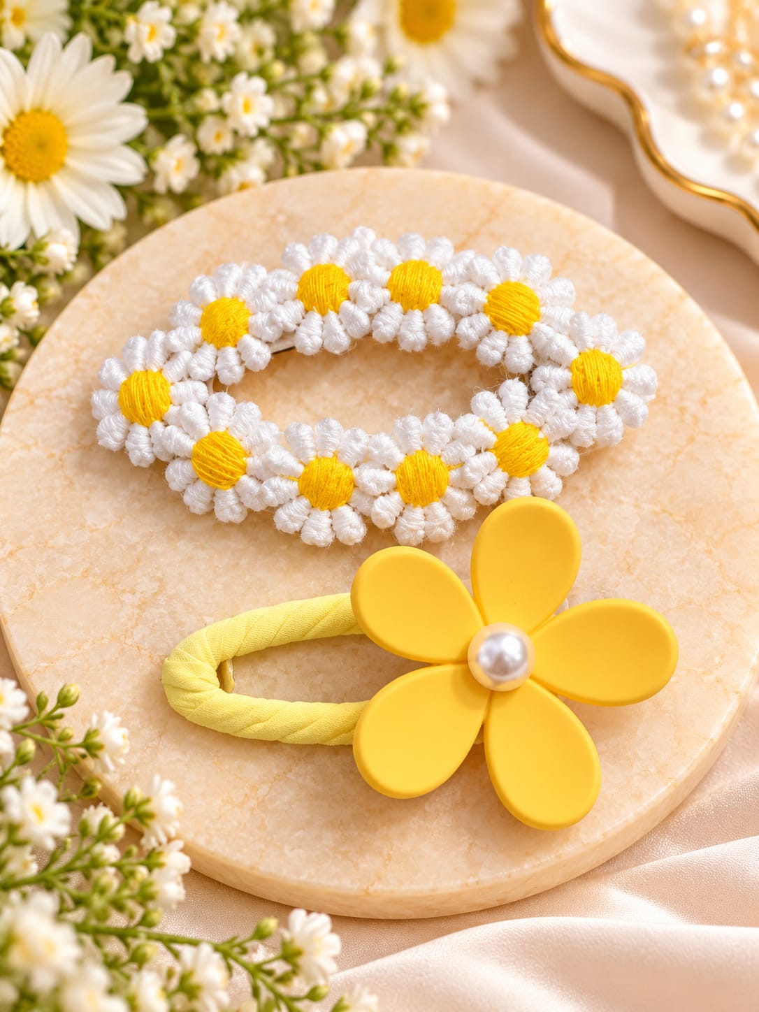 Yellow Daisy Flower Hair Tie Set