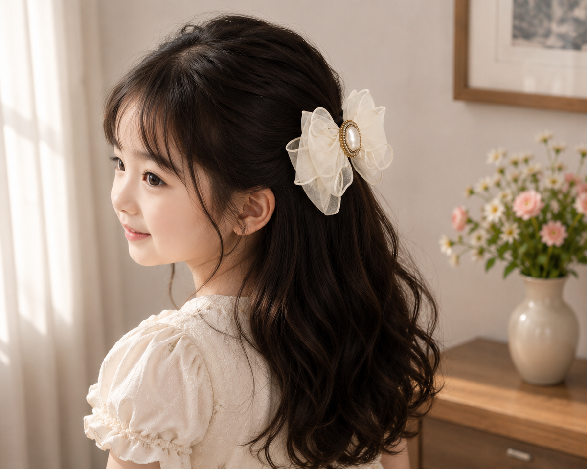 Elegant White Organza Bow Hair Clip with Pearl Embellishment