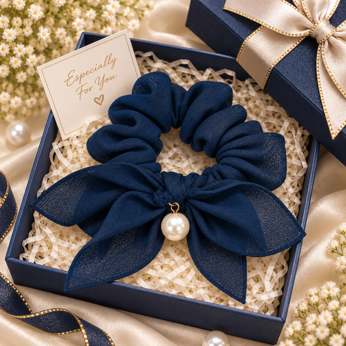 Navy Blue Bow Pearl Small Scrunchie