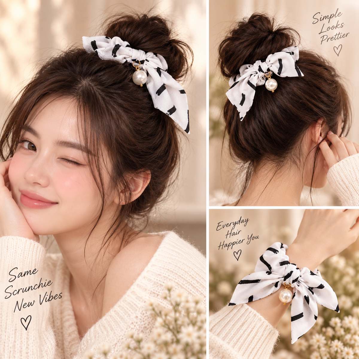 White Black Printed Bow Pearl Small Scrunchie