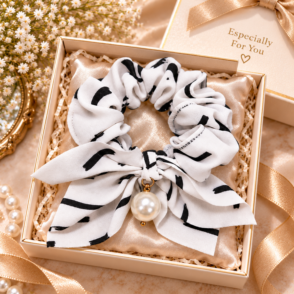 White Black Printed Bow Pearl Small Scrunchie