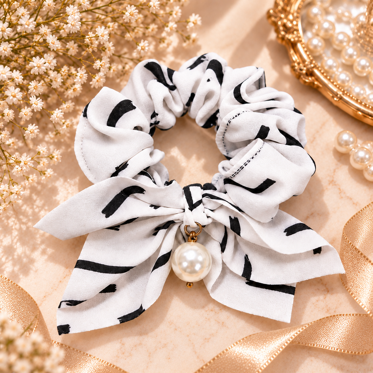 White Black Printed Bow Pearl Small Scrunchie