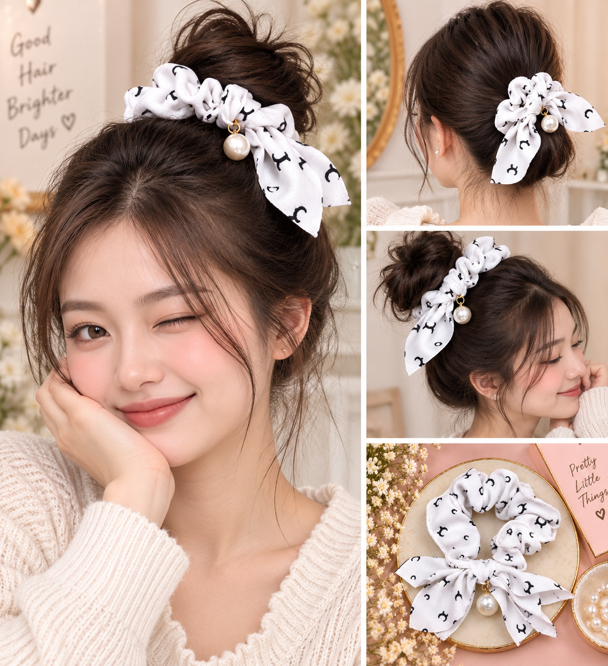 White Printed Bow Pearl Small Scrunchie