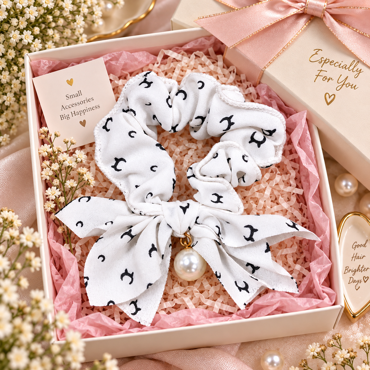 White Printed Bow Pearl Small Scrunchie