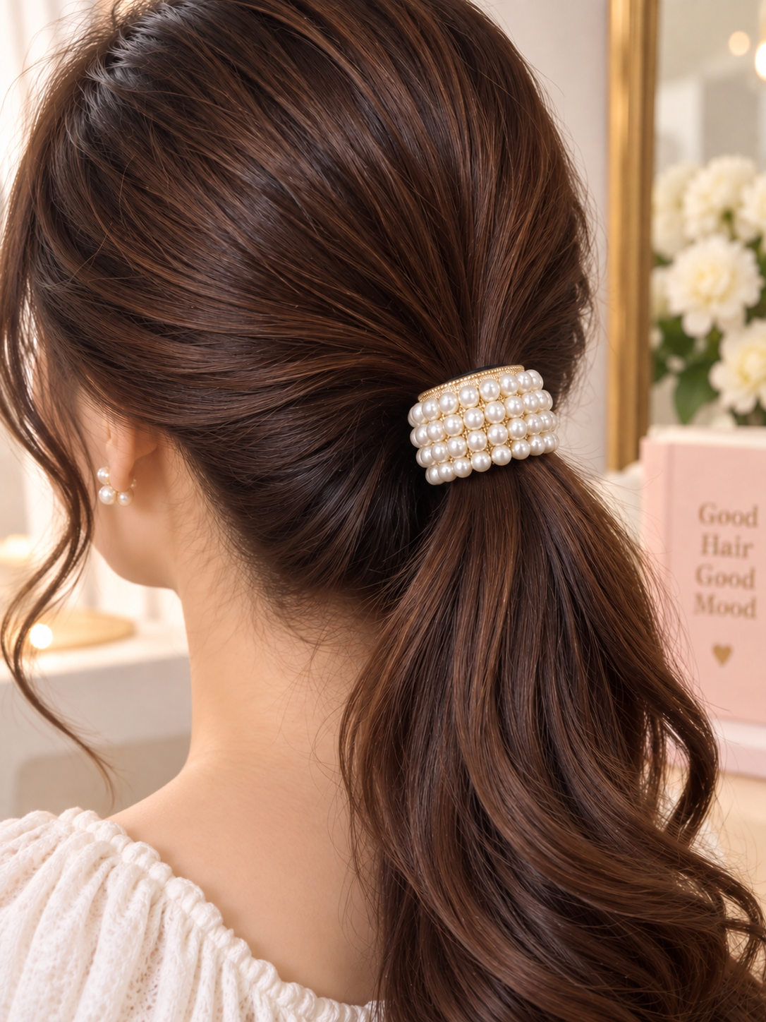 White Pearl Beaded Hair Tie