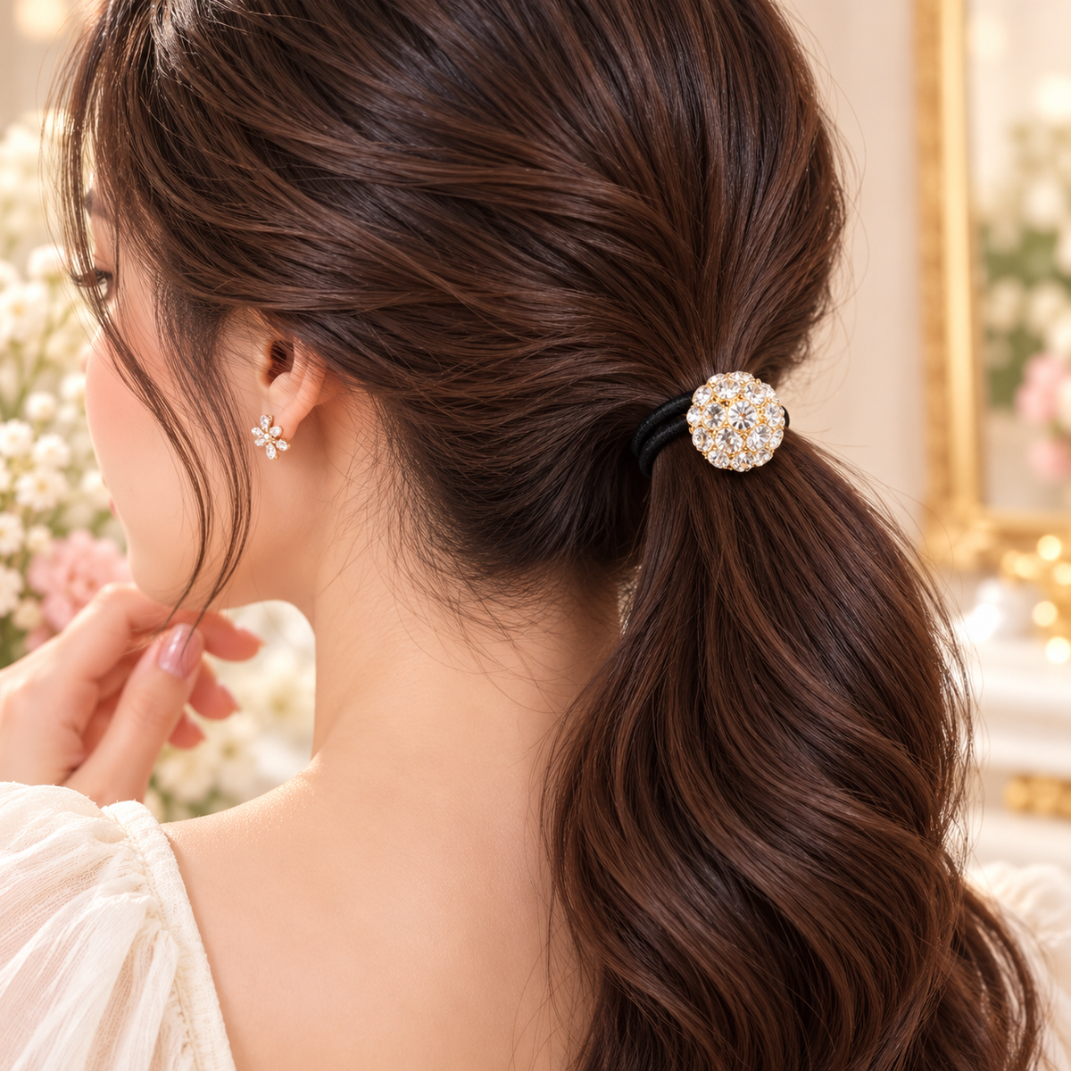 White Crystal Ball Hair Tie