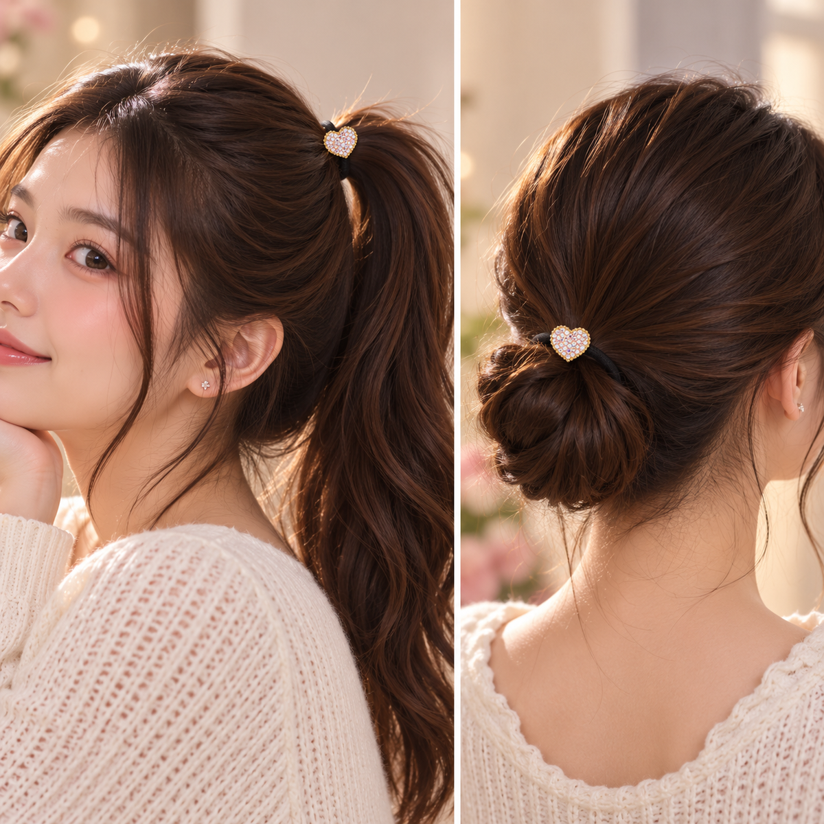 White Crystal Heart Hair Tie for Women