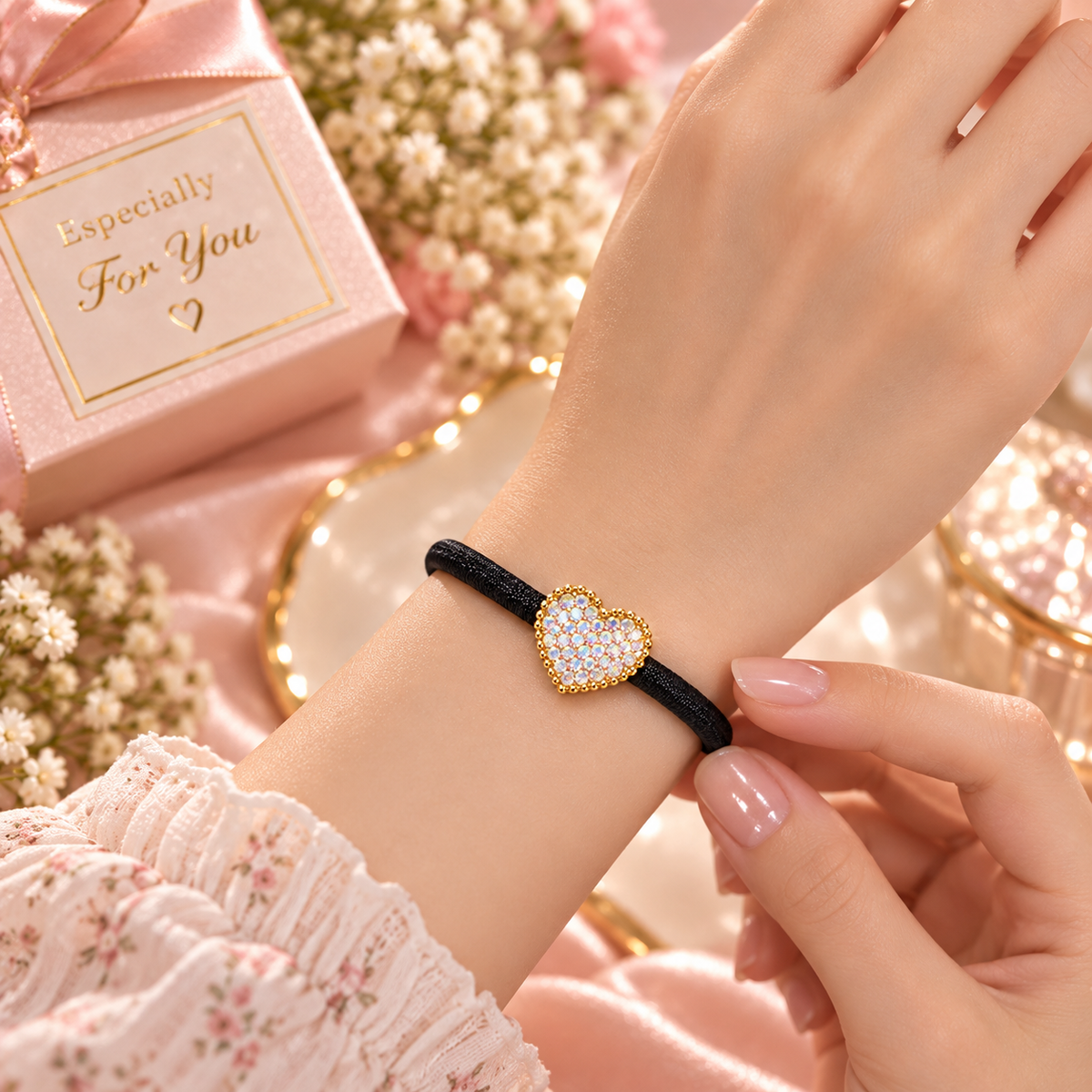 White Crystal Heart Hair Tie for Women