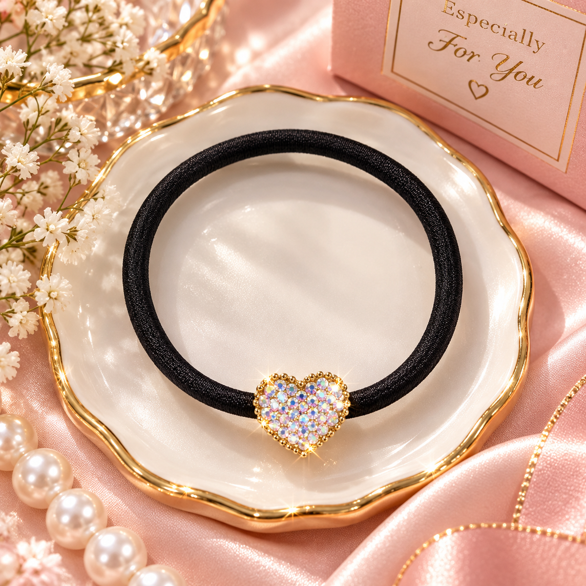 White Crystal Heart Hair Tie for Women
