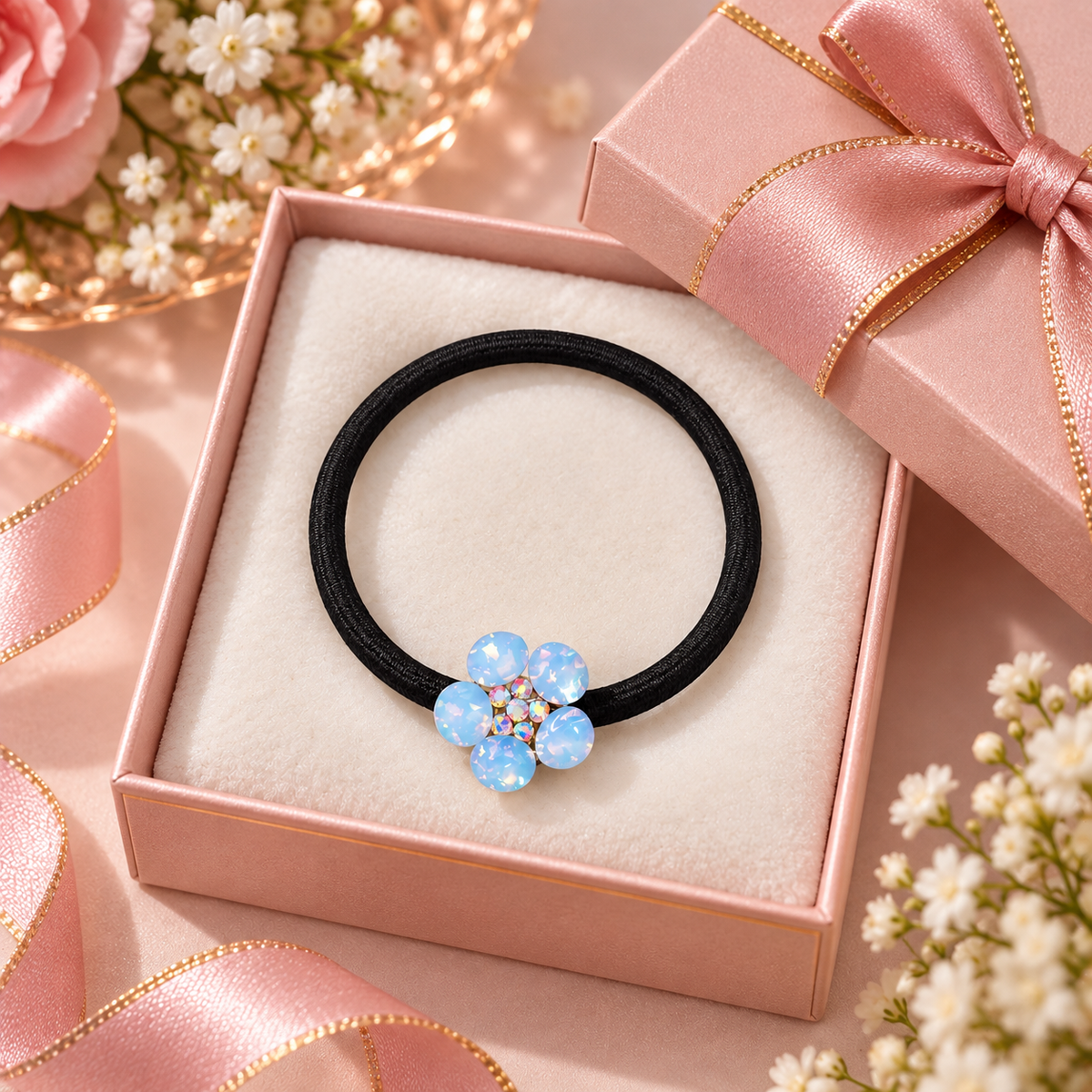 Blue Flower Crystal Hair Tie