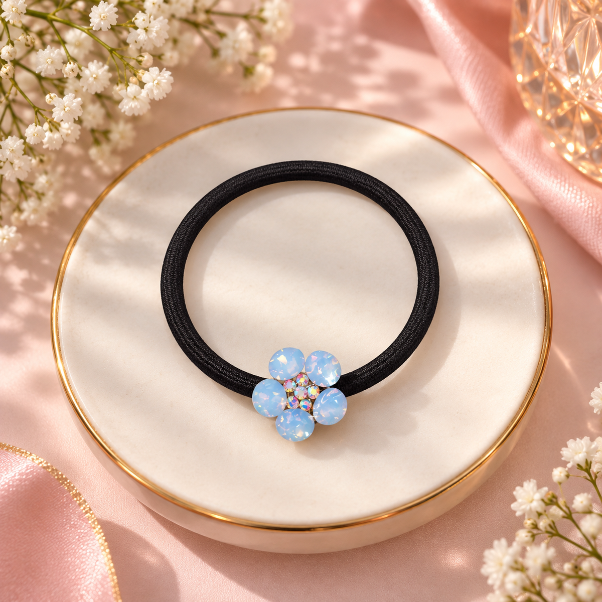 Blue Flower Crystal Hair Tie