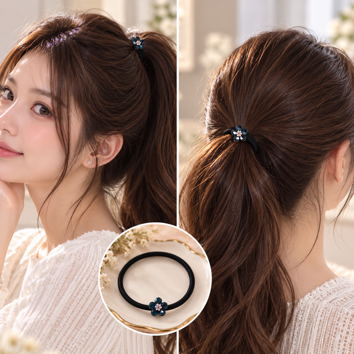 Blue Crystal Flower Hair Tie