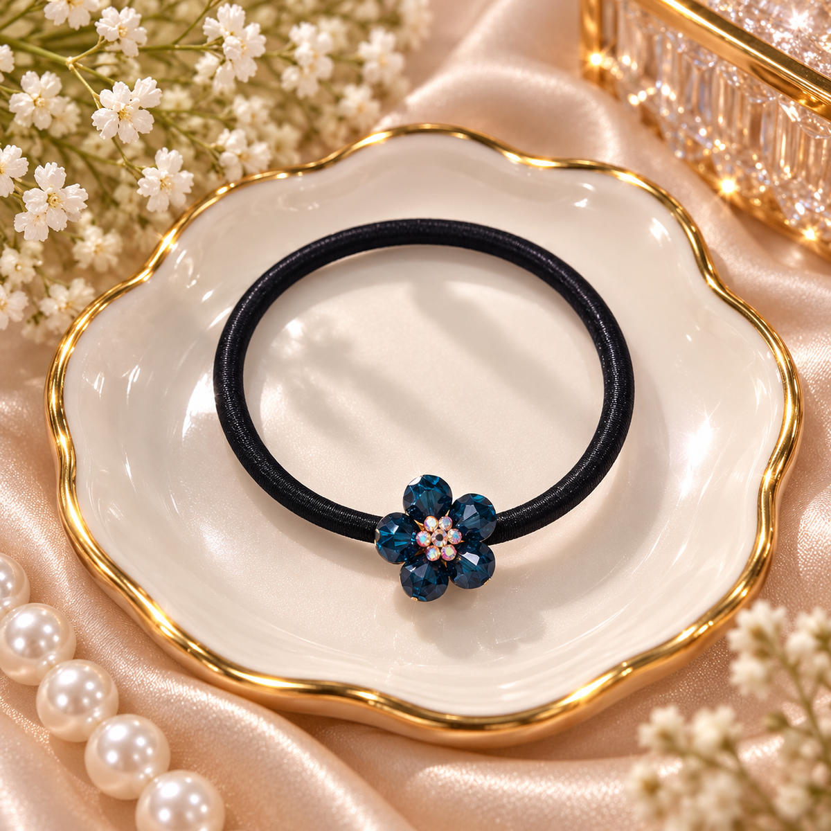 Blue Crystal Flower Hair Tie