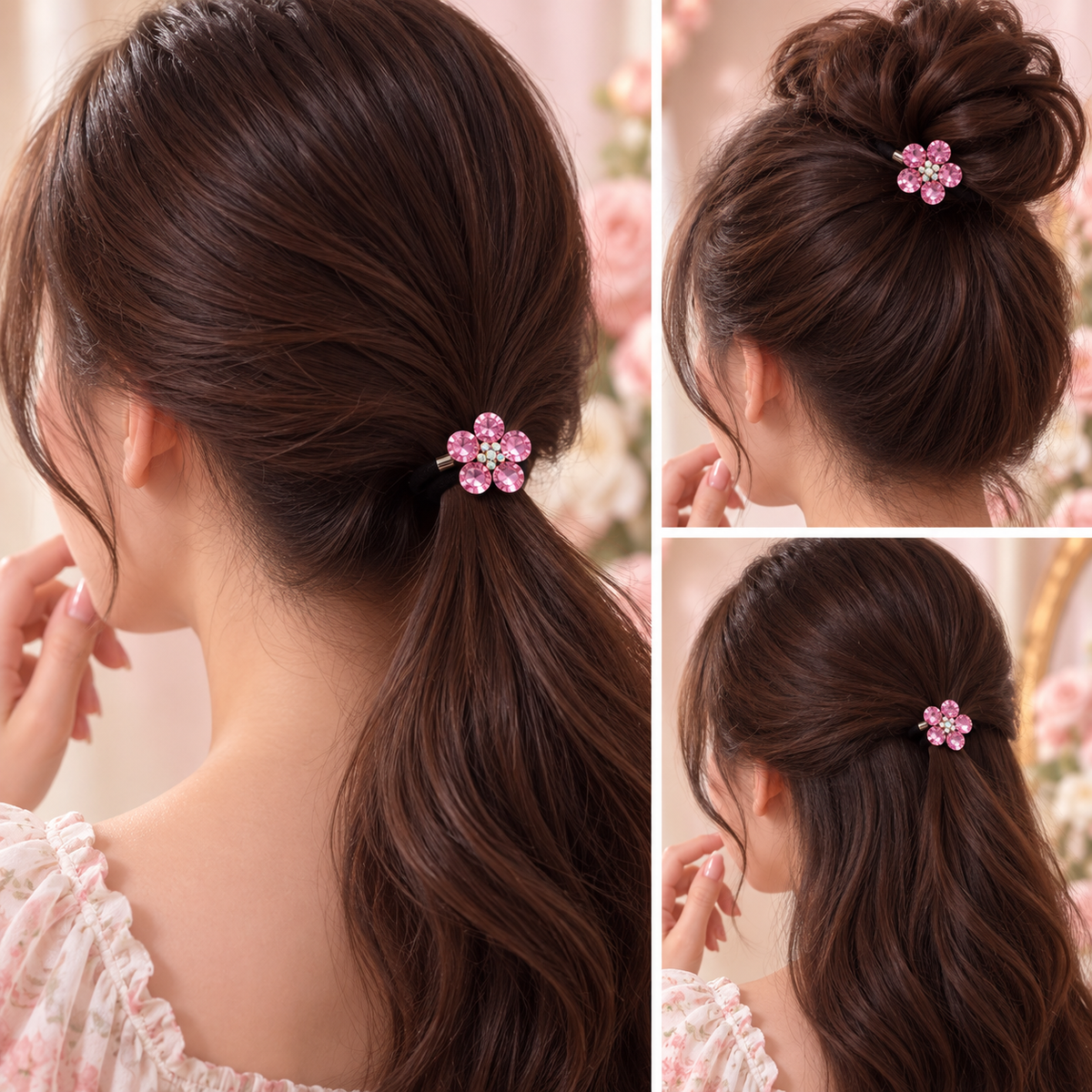 Pink Crystal Flower Hair Tie