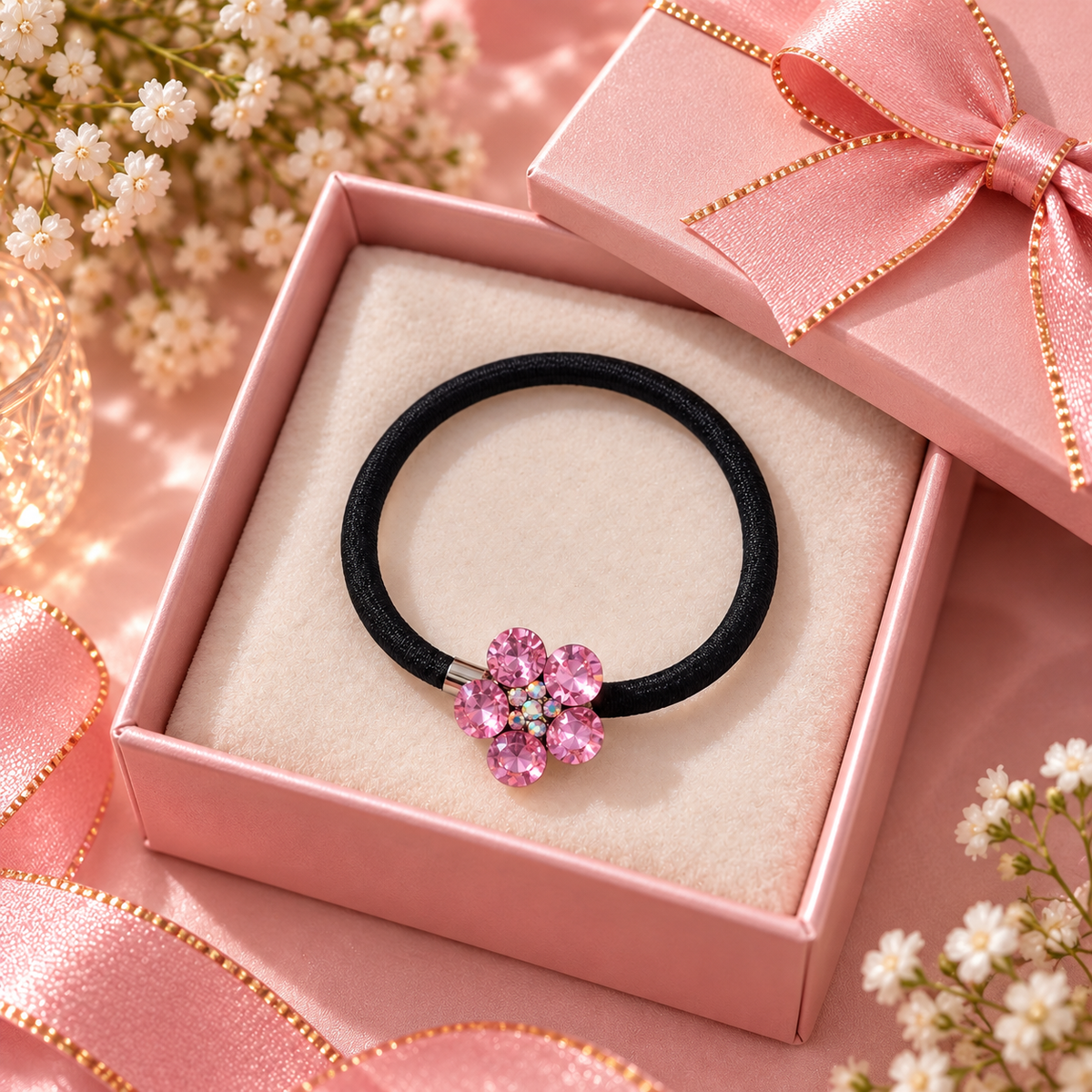 Pink Crystal Flower Hair Tie