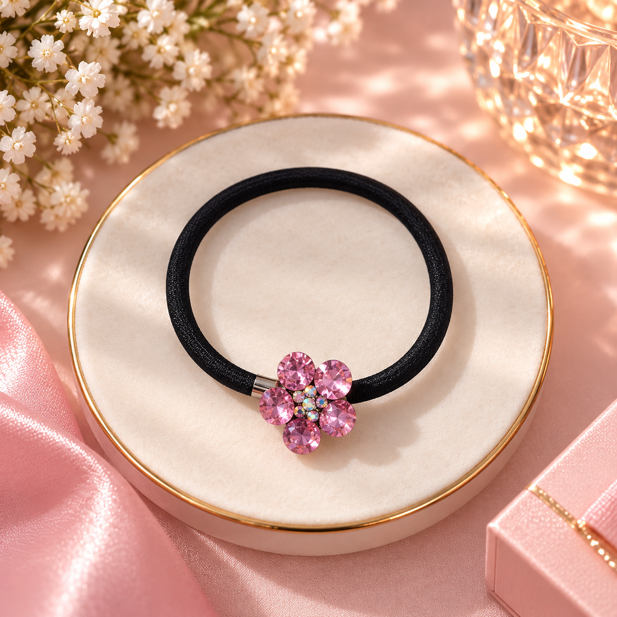 Pink Crystal Flower Hair Tie
