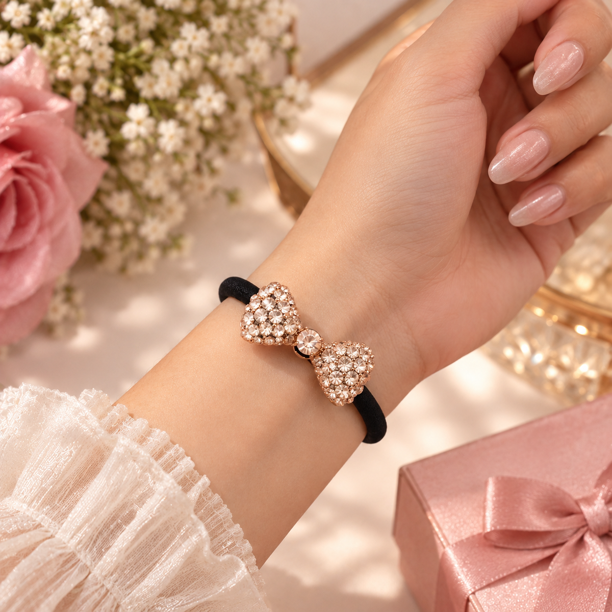 Rose Gold Crystal Bow Hair Tie