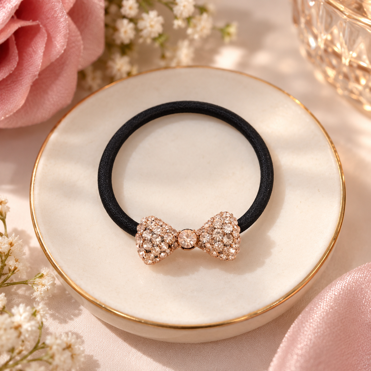 Rose Gold Crystal Bow Hair Tie