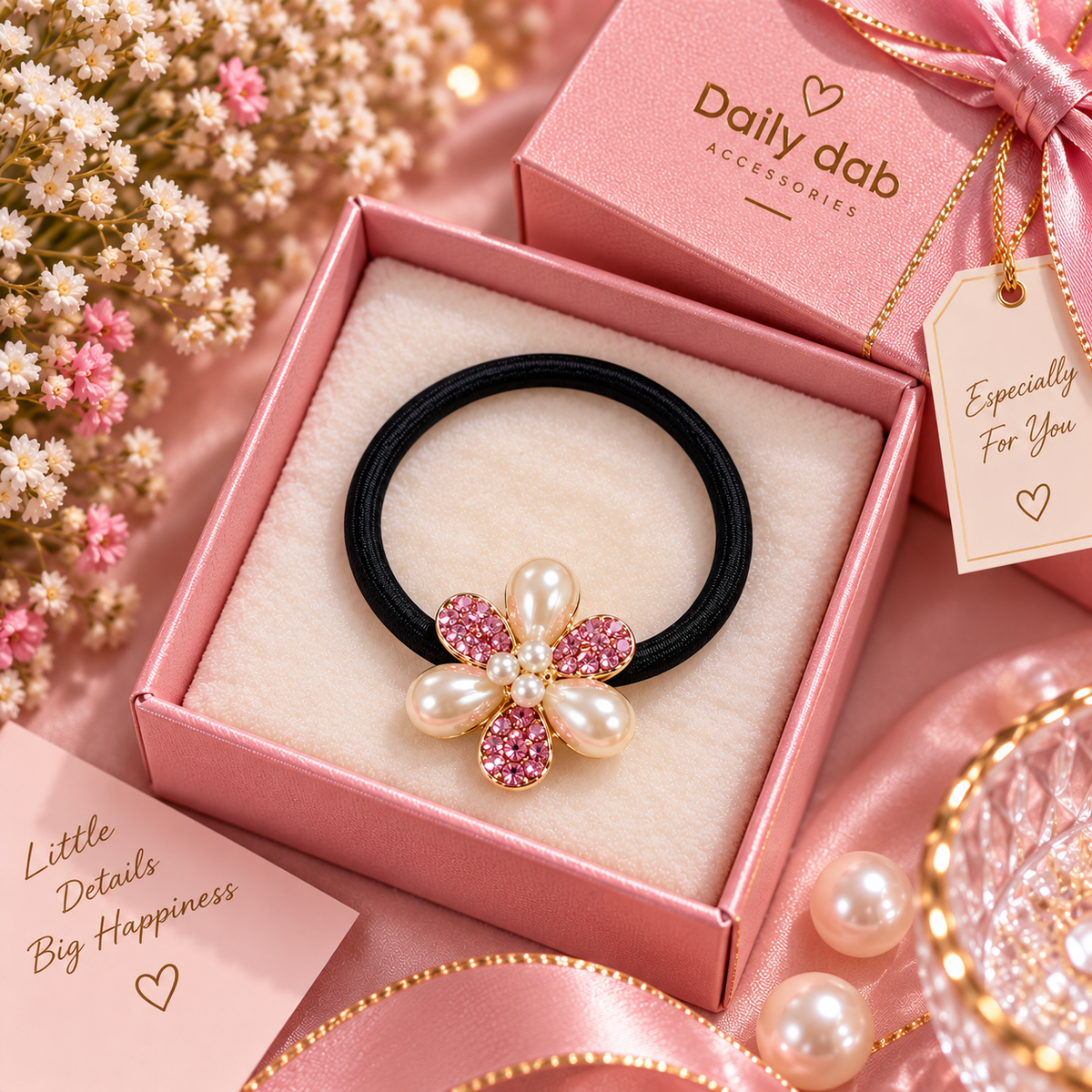 Pink Pearl Flower Hair Tie