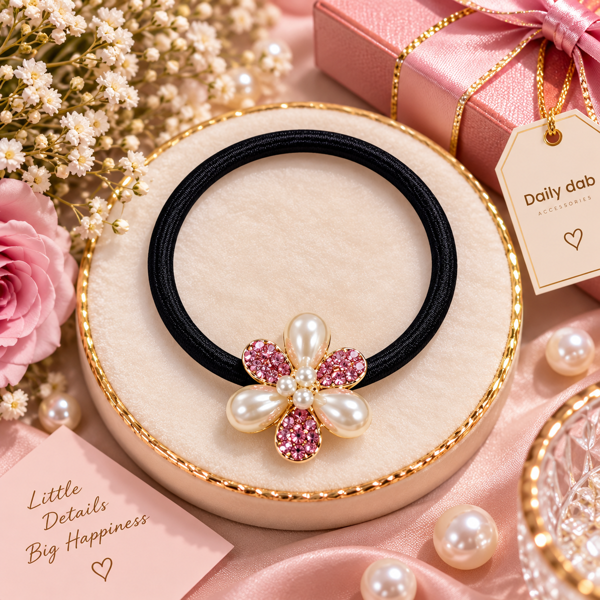 Pink Pearl Flower Hair Tie
