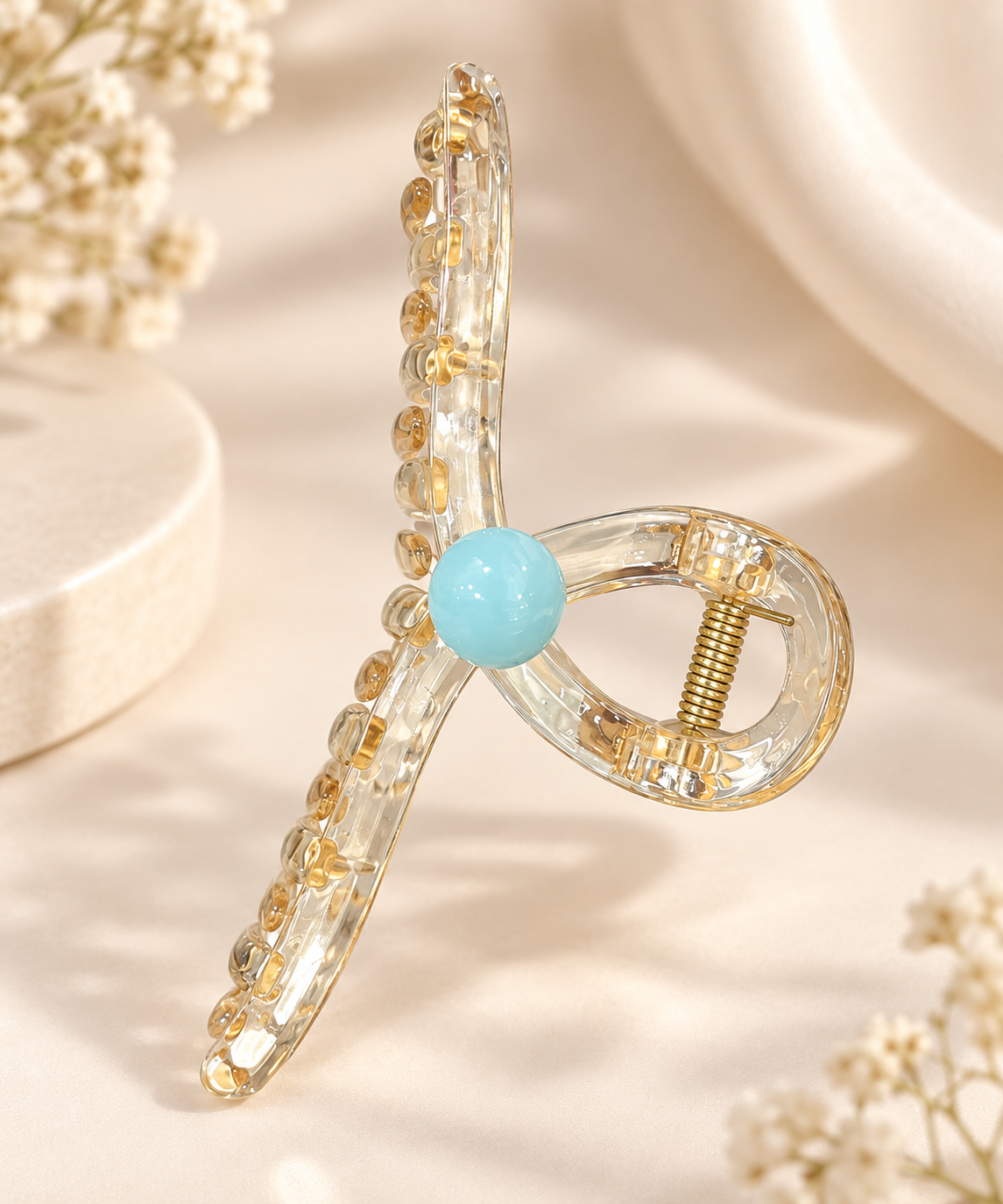 Transparent Acrylic Hair Clutcher with Blue Bead