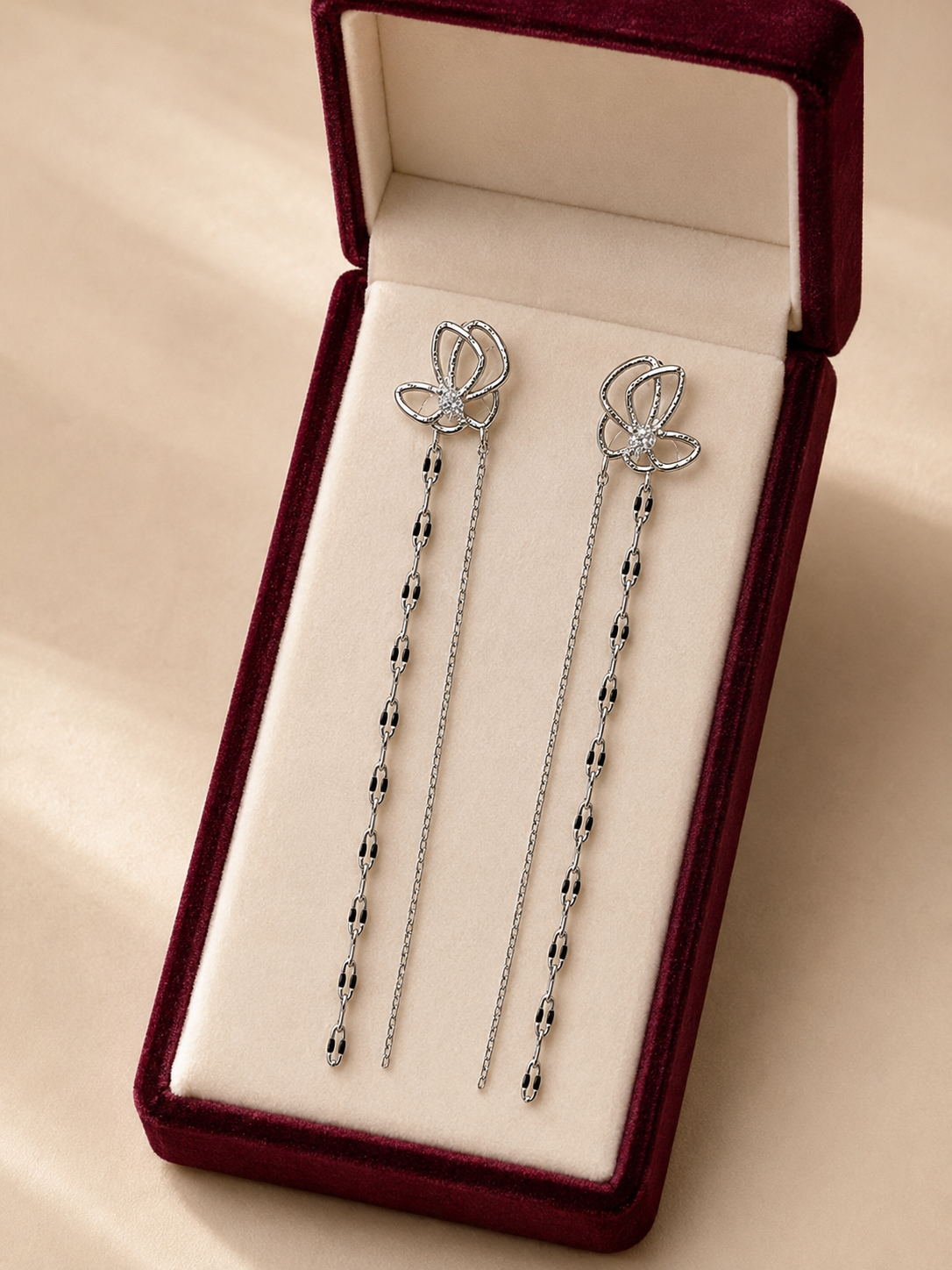 Silver Floral Crystal Long Chain Earrings for Women