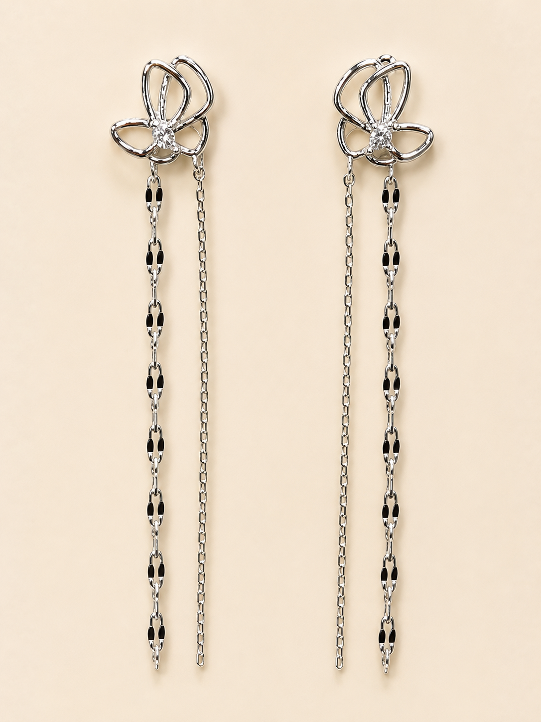 Silver Floral Crystal Long Chain Earrings for Women