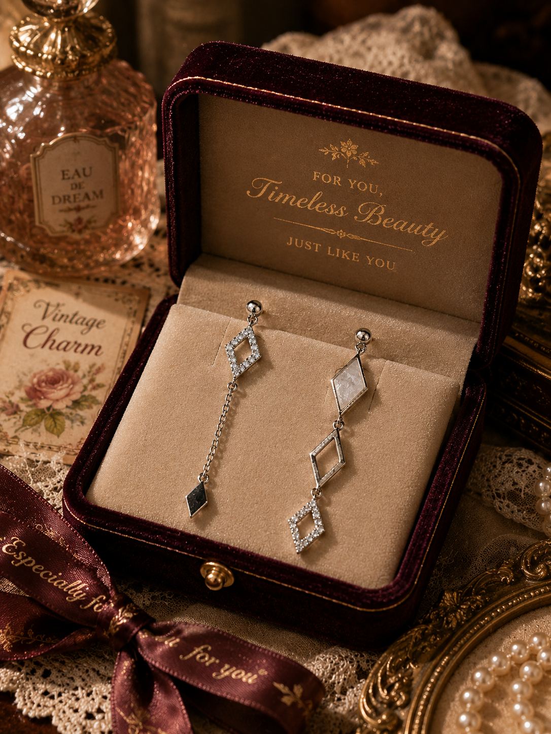 Silver Geometric Crystal Long Drop Earrings for Women