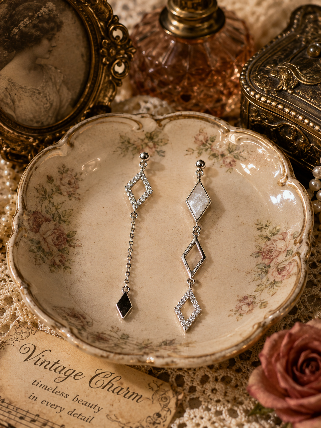 Silver Geometric Crystal Long Drop Earrings for Women