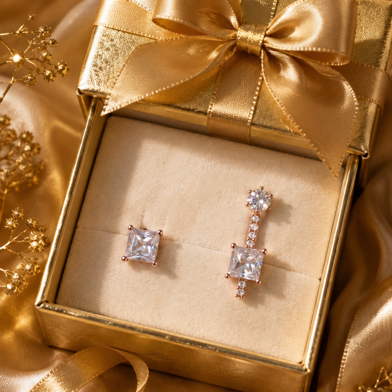 Rose Gold Square Crystal Stud Drop Earrings for Women