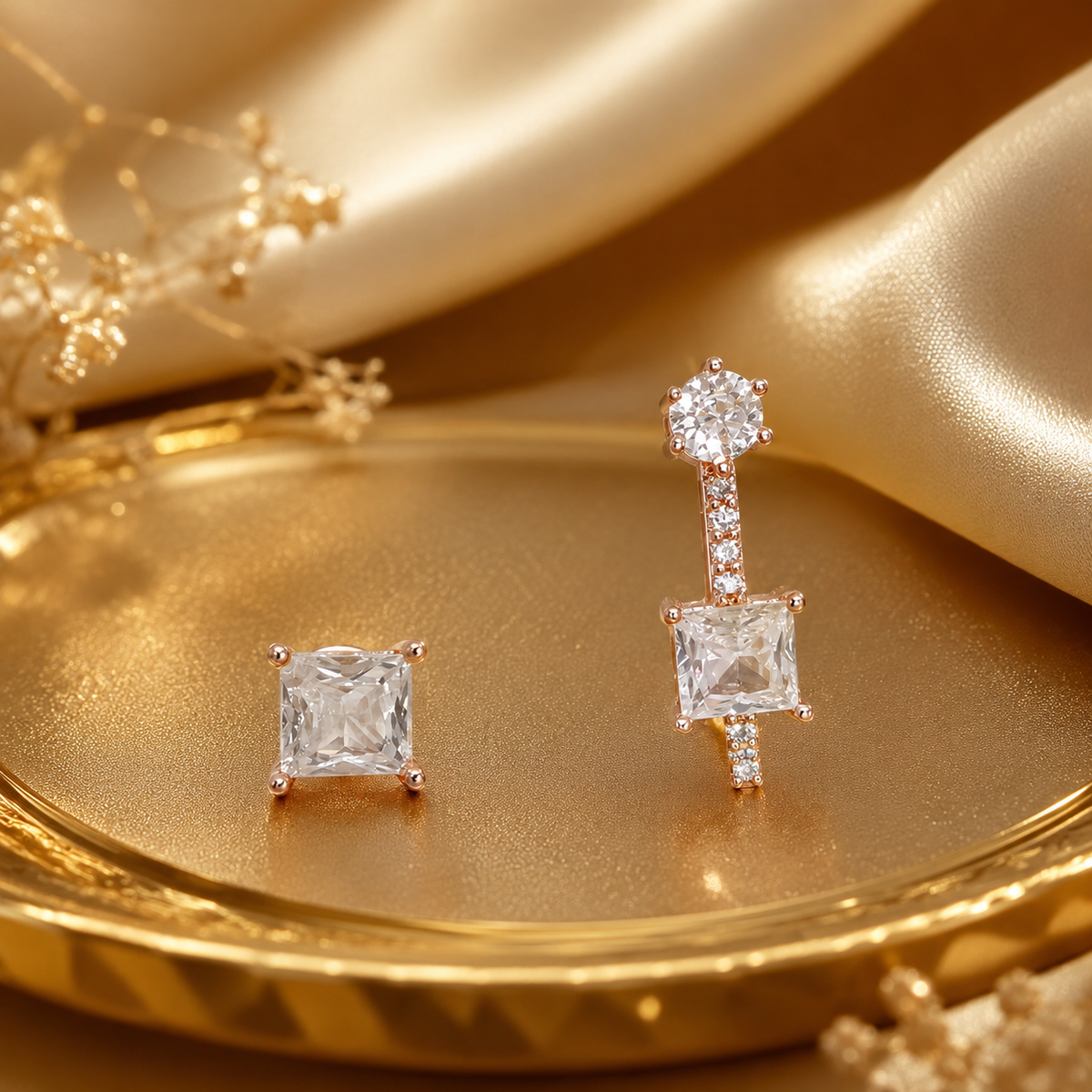 Rose Gold Square Crystal Stud Drop Earrings for Women