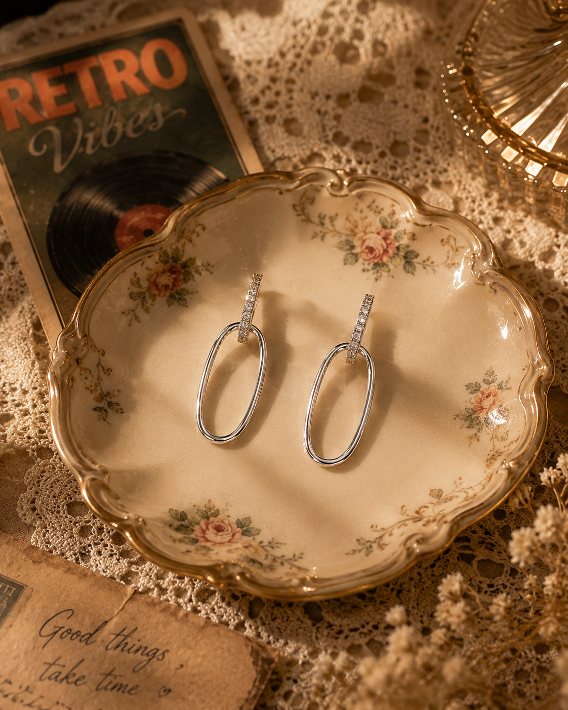 Silver Oval Crystal Hoop Drop Earrings for Women