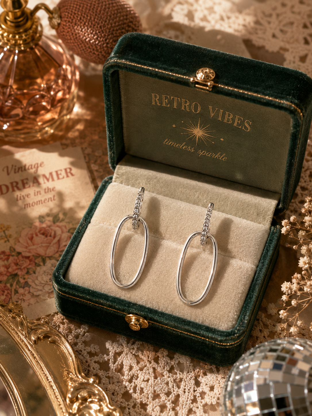Silver Oval Crystal Hoop Drop Earrings for Women