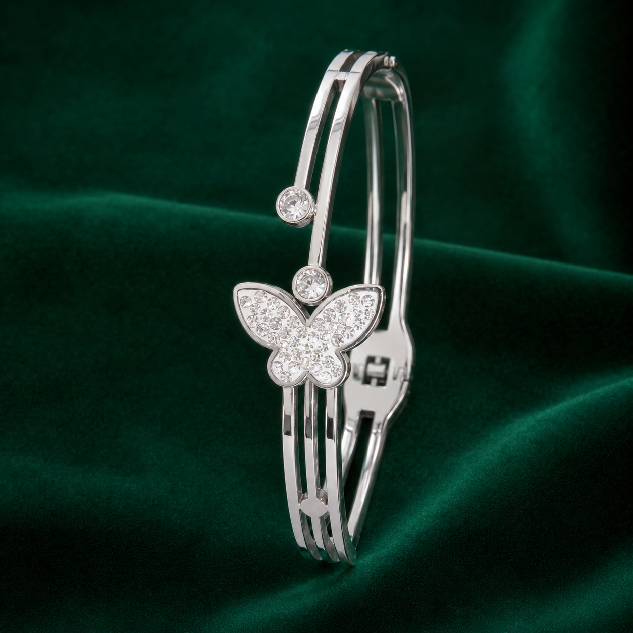 Crystal Butterfly Silver Solid Bracelet